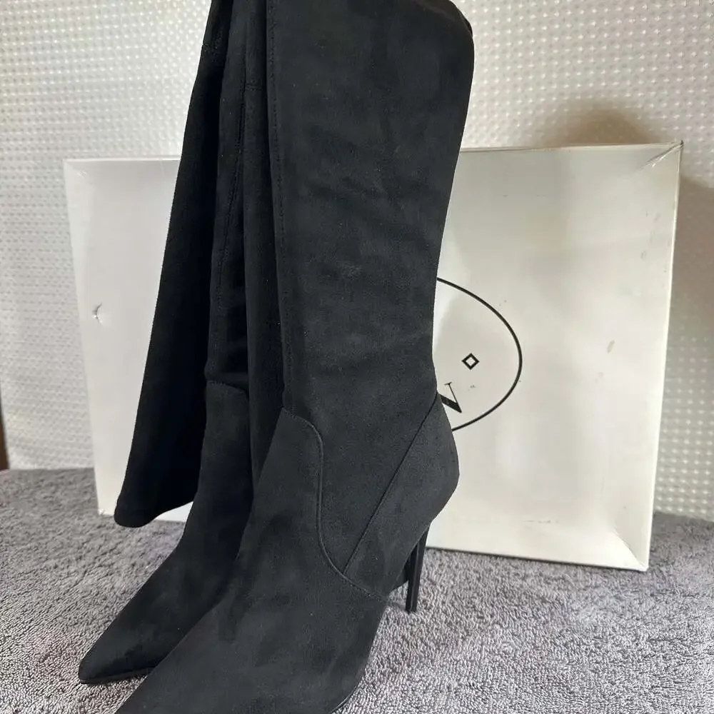 Steve Madden Dominique Black Micro Suede Thigh High Pointed Toe Stiletto Boots
